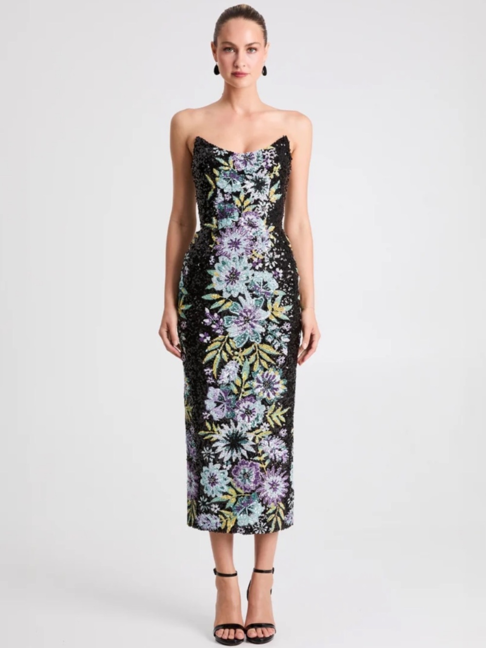 helsi alessandra black floral sequin embroidered strapless maxi gown dress XS